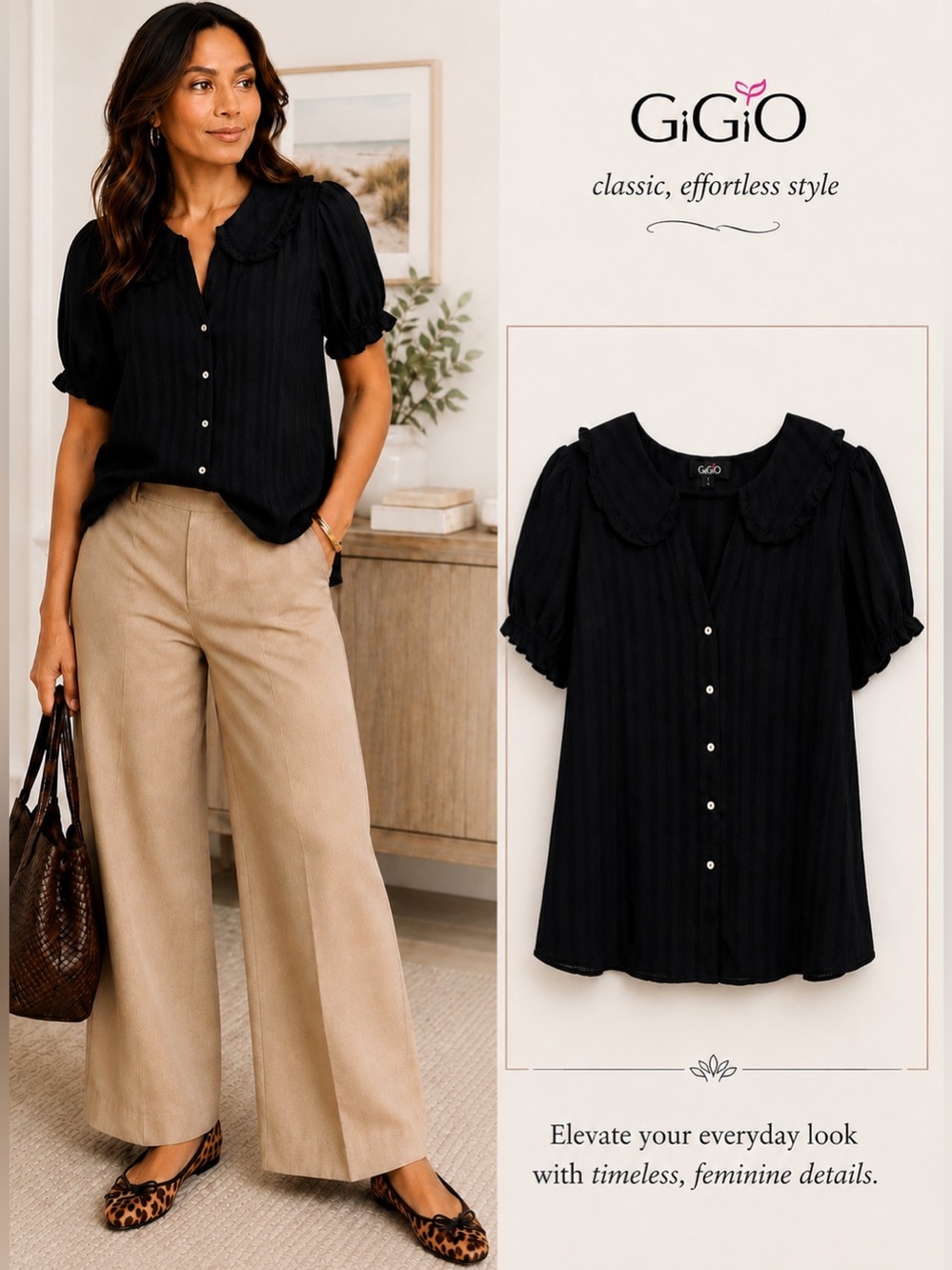 Black Peter Pan Collar Button-Front Blouse